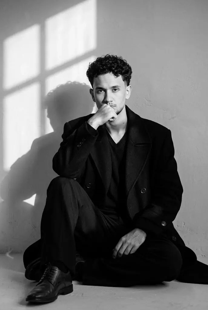 Lucas Ernesto sentado, em ensaio preto e branco